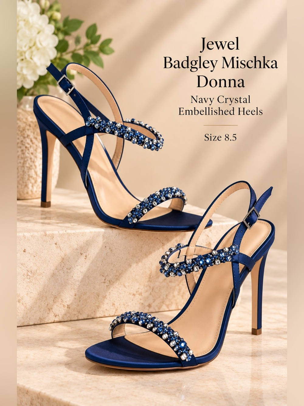 Jewel Badgley Mischka Donna Navy Satin Crystal Embellished Heels Size 8.5